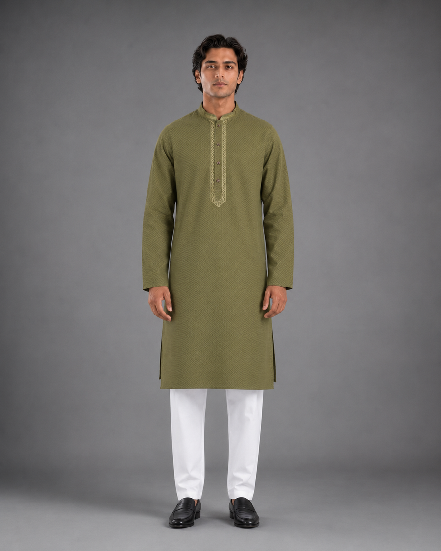Men’s Olive Green Textured Kurta Pyjama Set