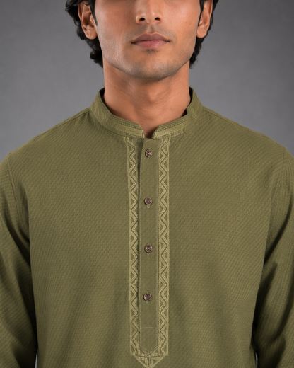 Men’s Olive Green Textured Kurta Pyjama Set