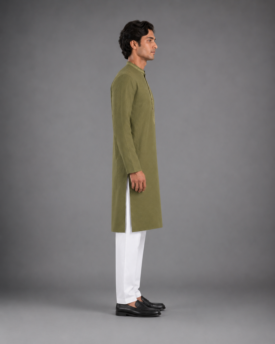 Men’s Olive Green Textured Kurta Pyjama Set
