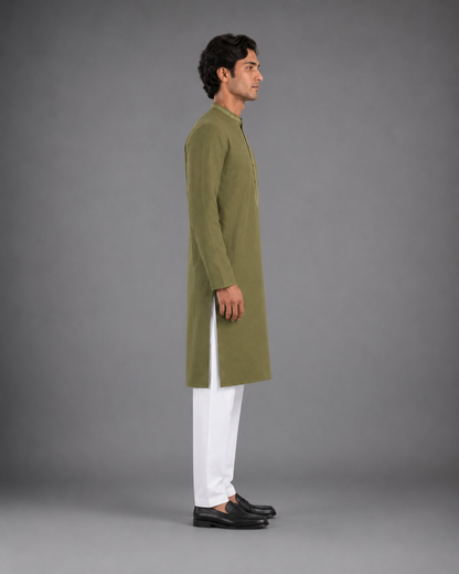 Men’s Olive Green Textured Kurta Pyjama Set