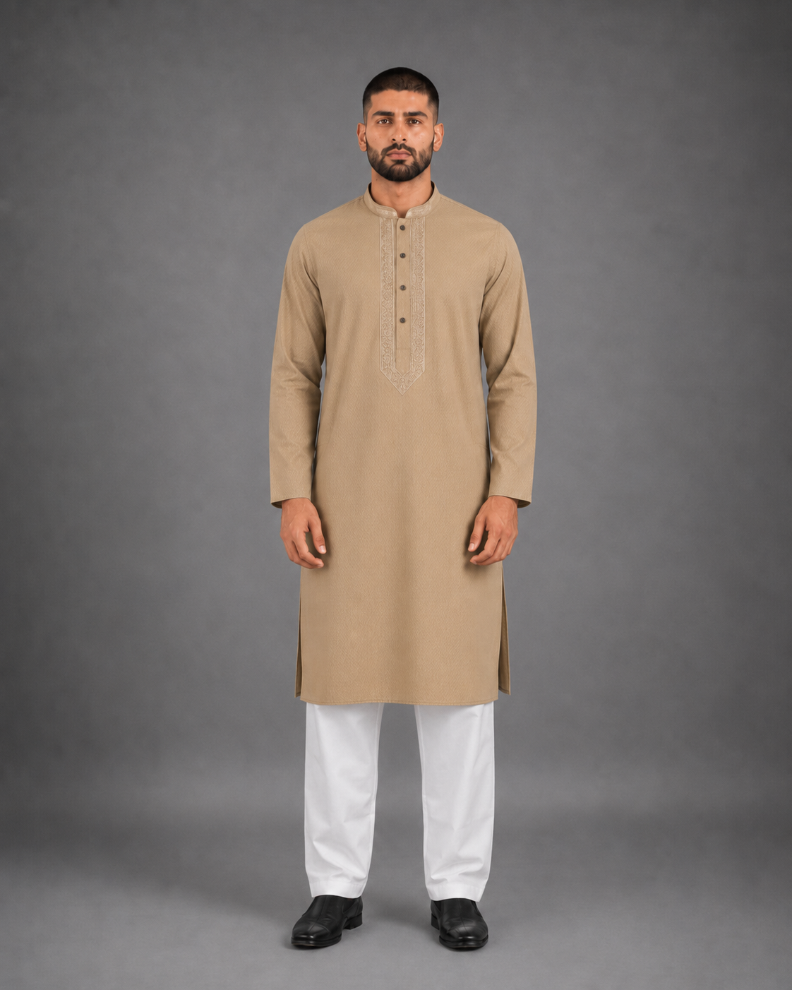 Men’s Sand Beige Textured Kurta Pyjama Set