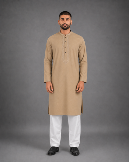 Men’s Sand Beige Textured Kurta Pyjama Set
