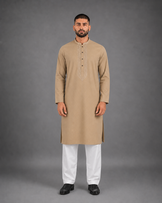 Men’s Sand Beige Textured Kurta Pyjama Set
