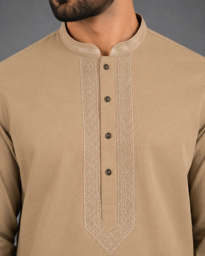 Men’s Sand Beige Textured Kurta Pyjama Set