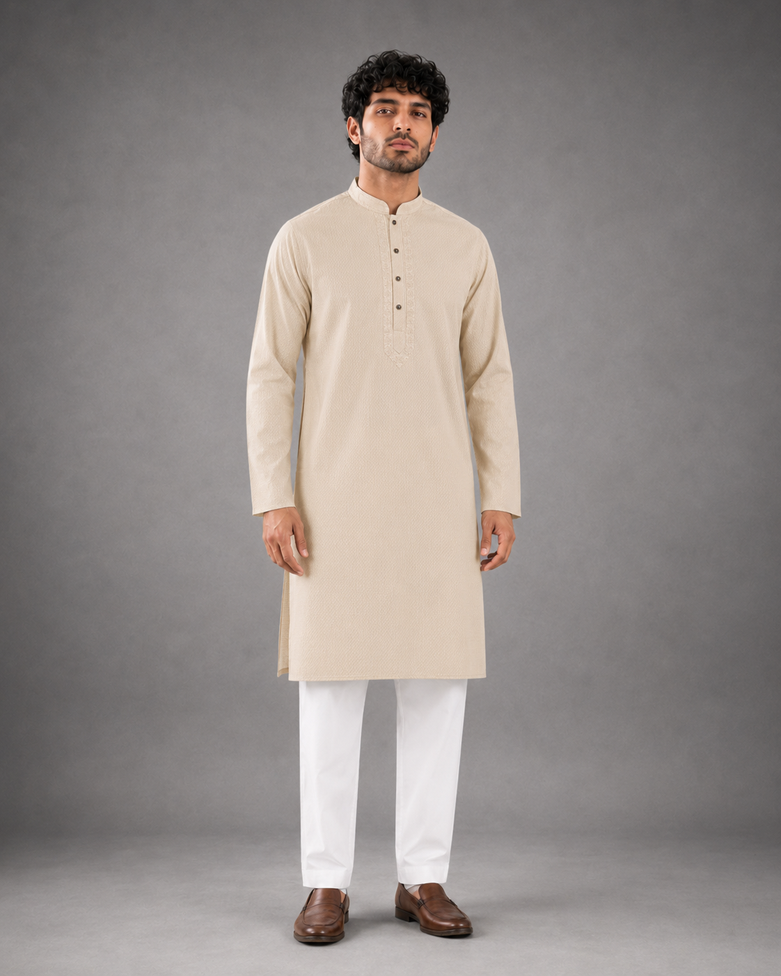 Men’s Cream Textured Kurta Pyjama Set