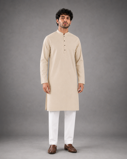Men’s Cream Textured Kurta Pyjama Set