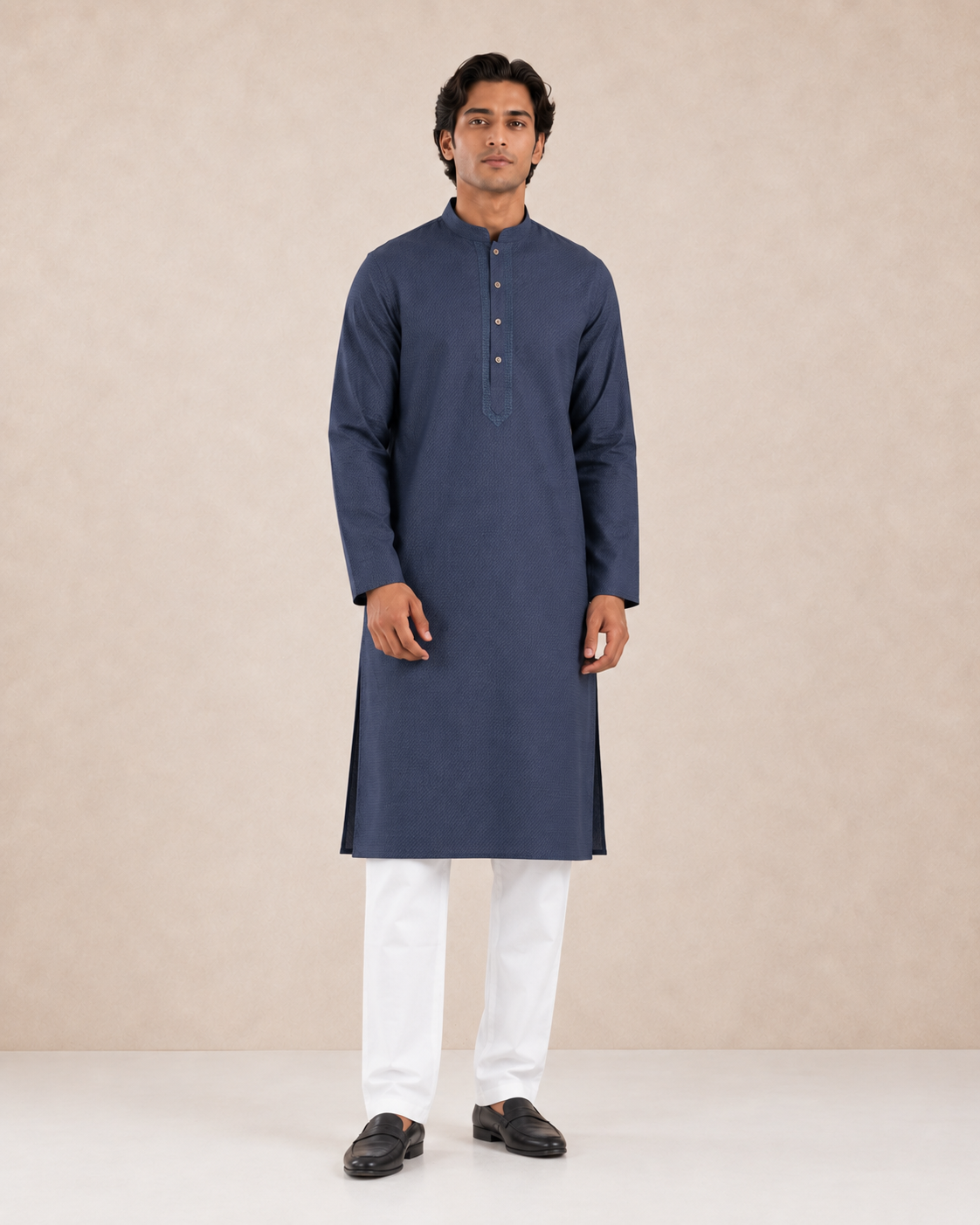 Men’s Navy Blue Textured Kurta Pyjama Set