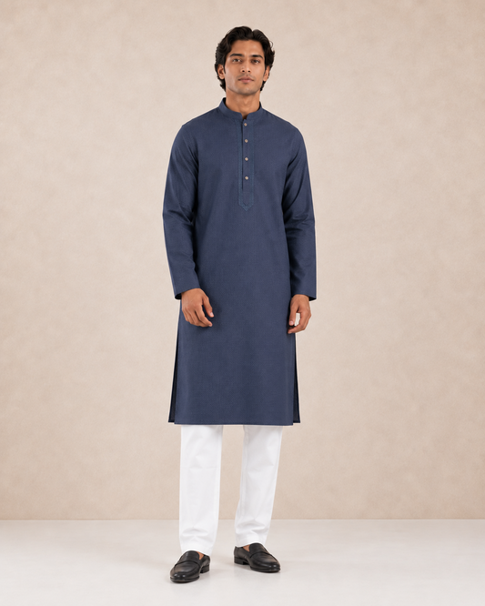 Men’s Navy Blue Textured Kurta Pyjama Set