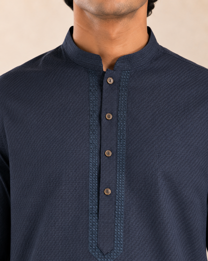 Men’s Navy Blue Textured Kurta Pyjama Set