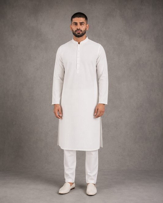 Men’s White Textured Kurta Pyjama Set