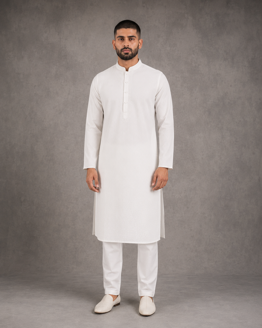 Men’s White Textured Kurta Pyjama Set