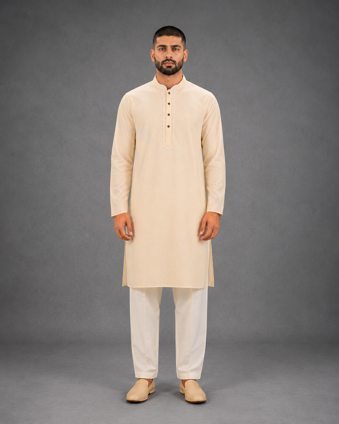 Men’s Light Yellow Textured Kurta Pyjama Set