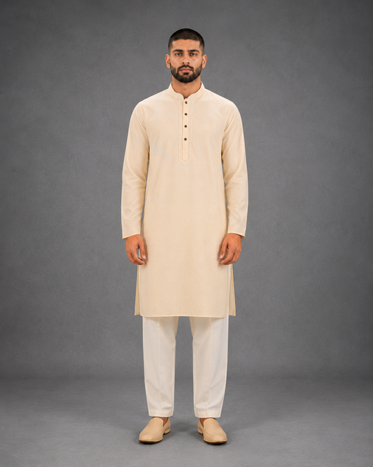 Men’s Light Yellow Textured Kurta Pyjama Set
