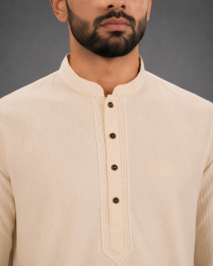 Men’s Light Yellow Textured Kurta Pyjama Set