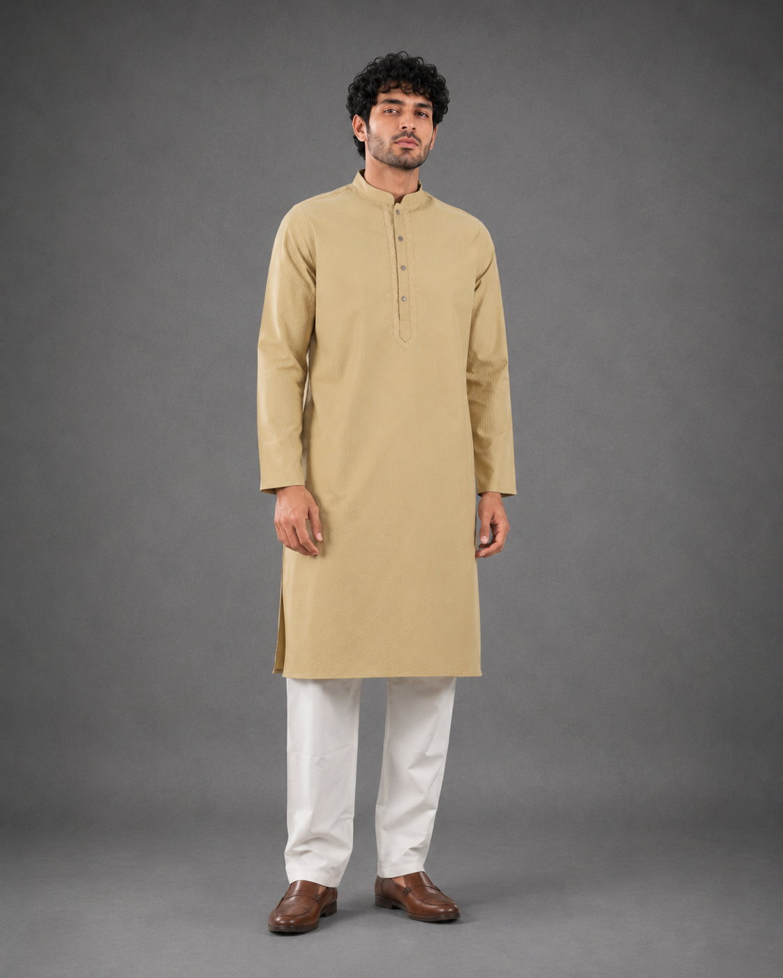 Men’s Light Tan Textured Kurta Pyjama Set