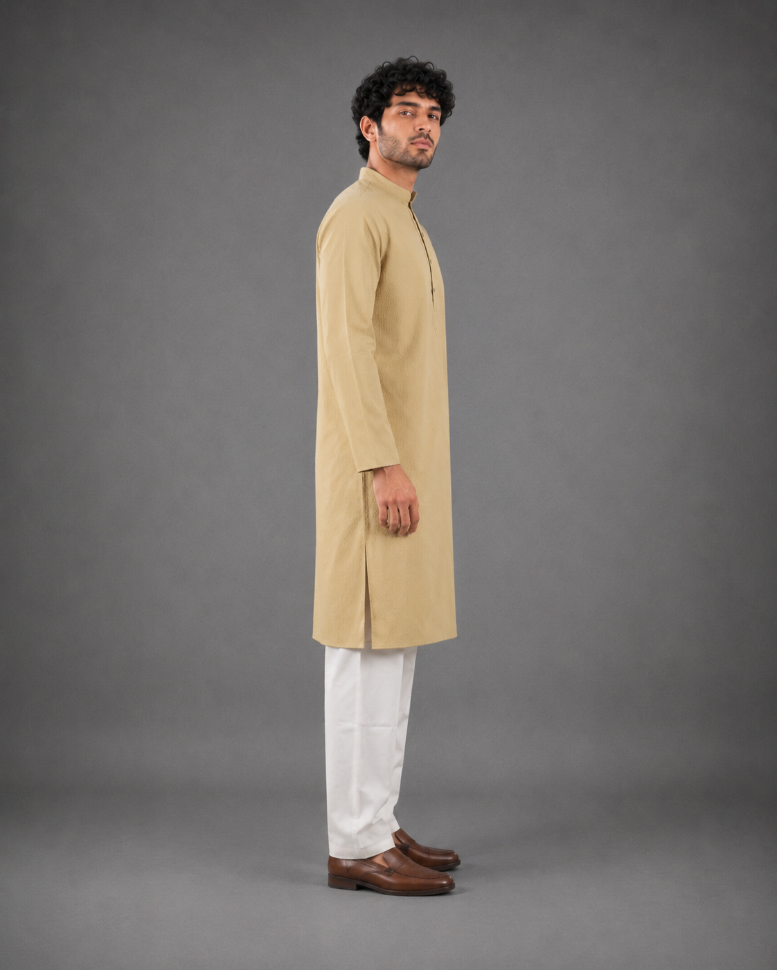 Men’s Light Tan Textured Kurta Pyjama Set