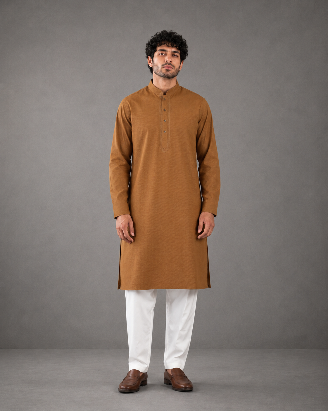 Men’s Warm Brown Textured Kurta Pyjama Set