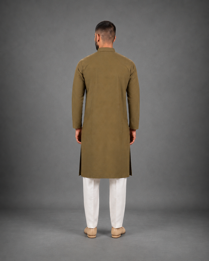 Men’s Olive Green  Linen Kurta Pyjama Set