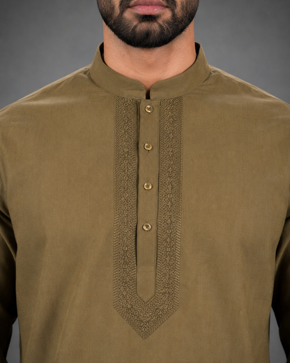Men’s Olive Green  Linen Kurta Pyjama Set