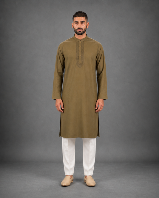 Men’s Olive Green  Linen Kurta Pyjama Set