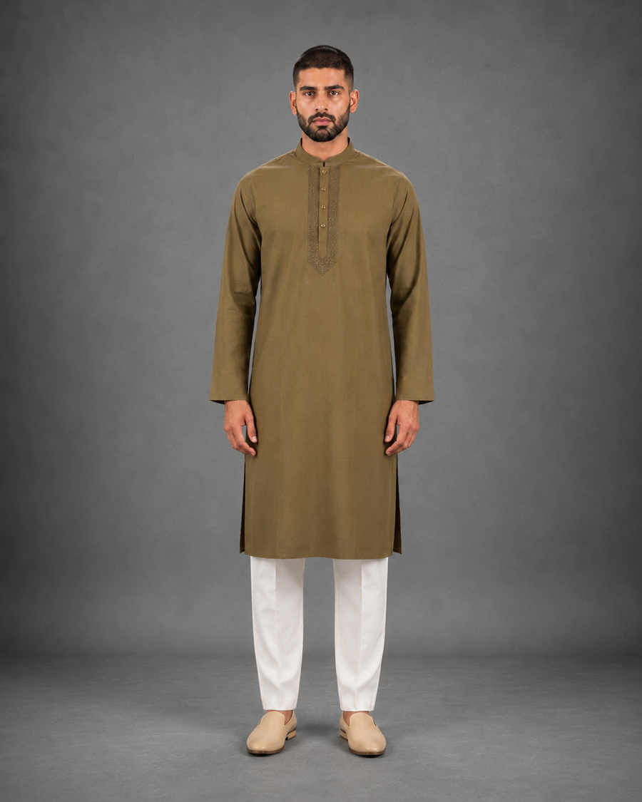 Men’s Olive Green  Linen Kurta Pyjama Set