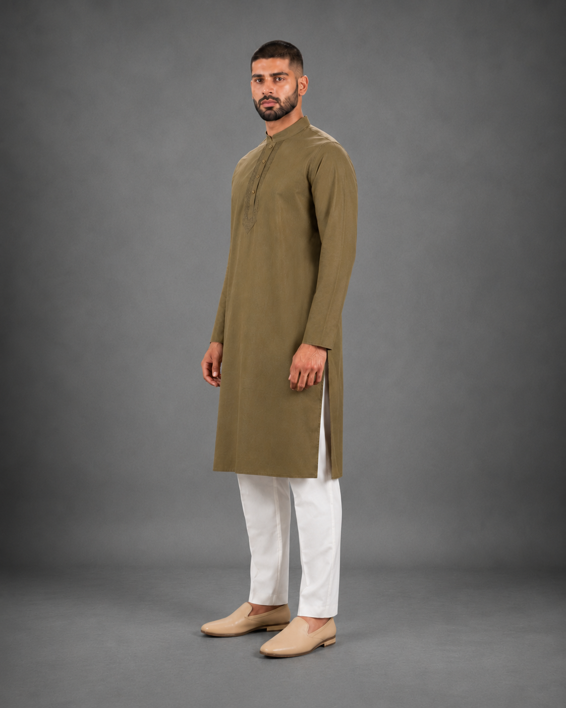 Men’s Olive Green  Linen Kurta Pyjama Set