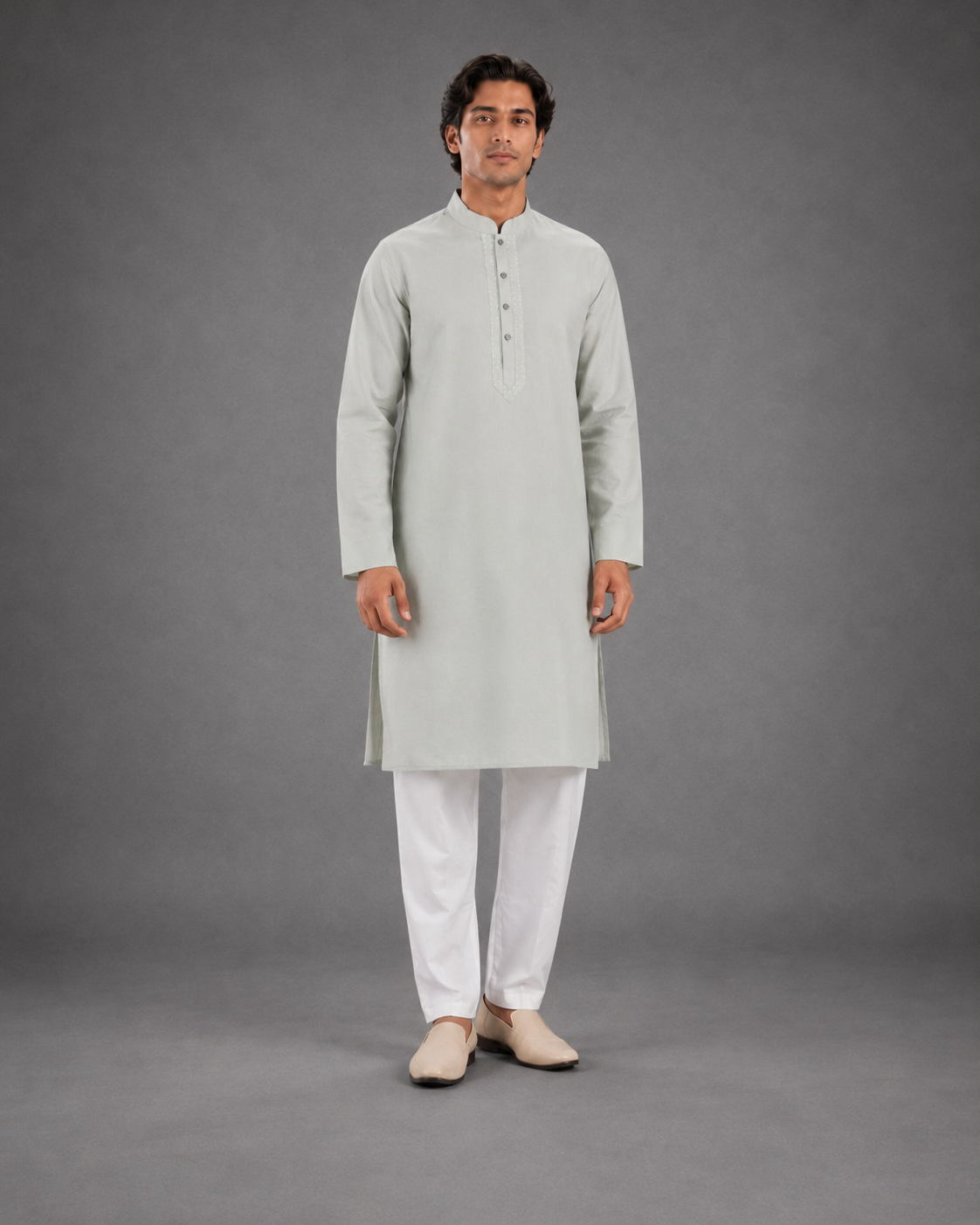 Men’s Light Grey - Green  Linen Kurta Pyjama Set