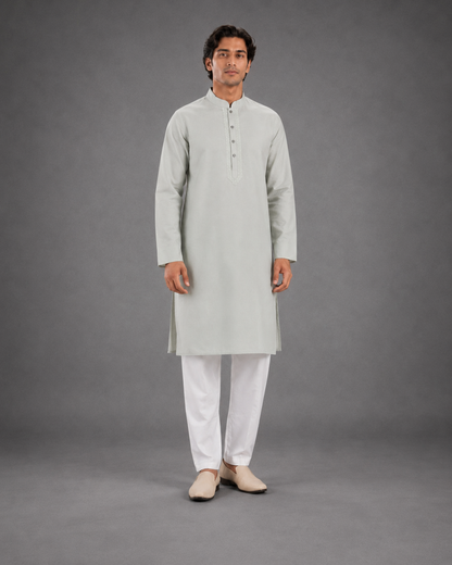 Men’s Light Grey - Green  Linen Kurta Pyjama Set