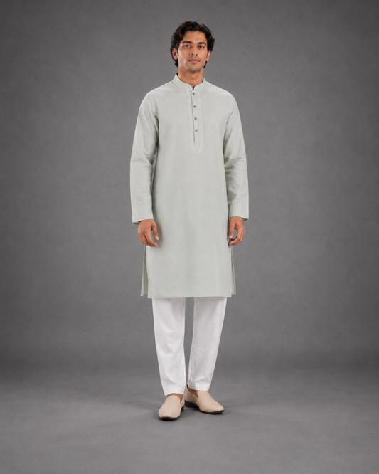 Men’s Light Grey - Green  Linen Kurta Pyjama Set