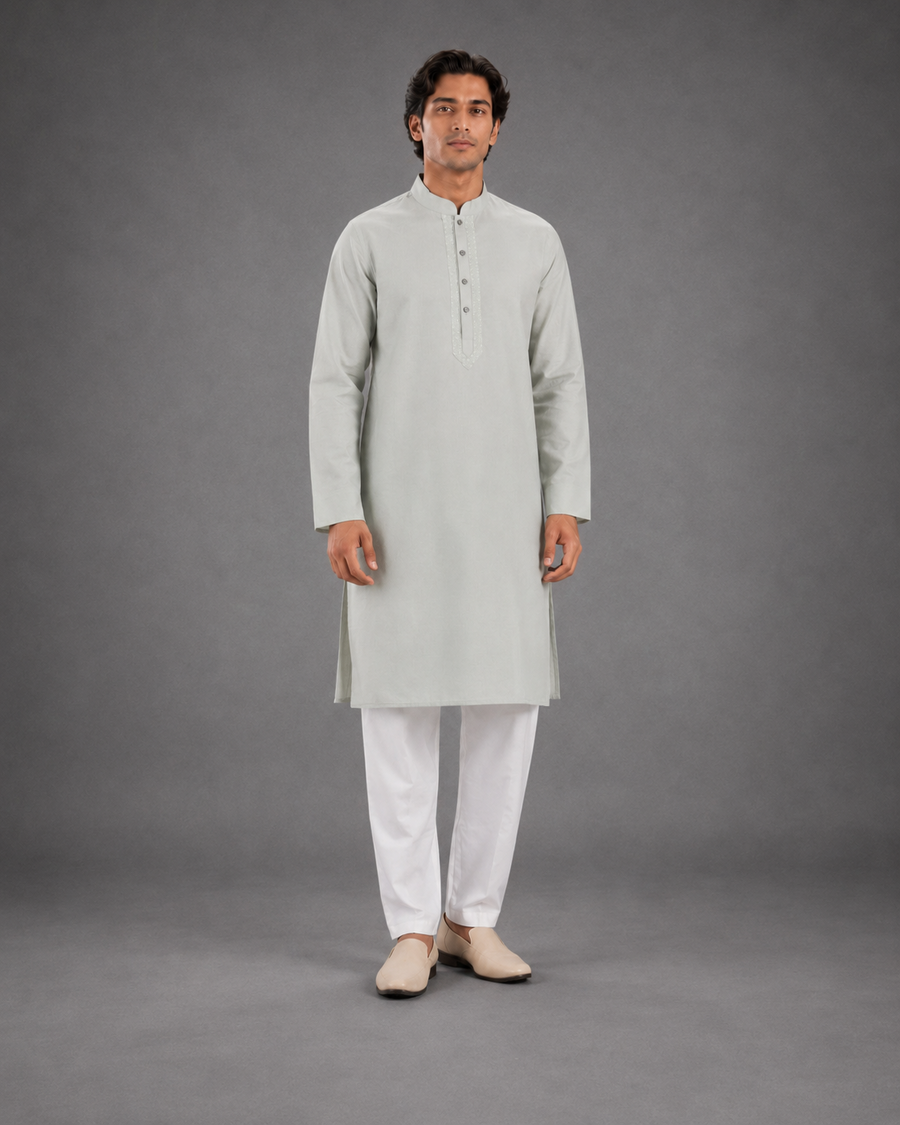 Men’s Light Grey - Green  Linen Kurta Pyjama Set