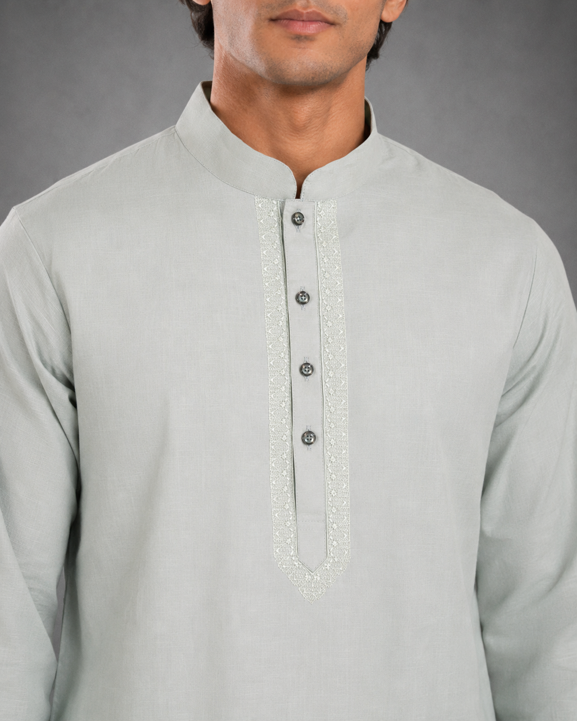 Men’s Light Grey - Green  Linen Kurta Pyjama Set