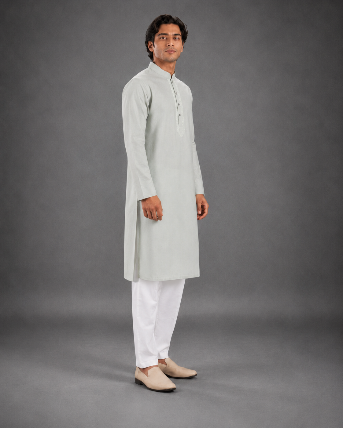 Men’s Light Grey - Green  Linen Kurta Pyjama Set