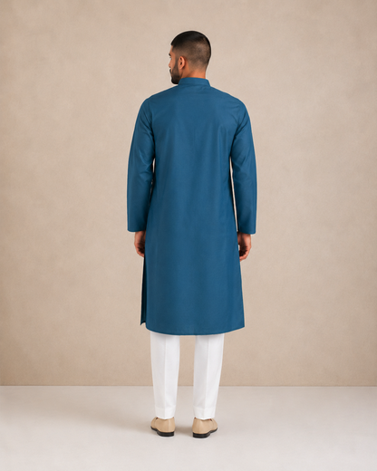 Men’s Deep Teal Blue Linen Kurta Pyjama Set