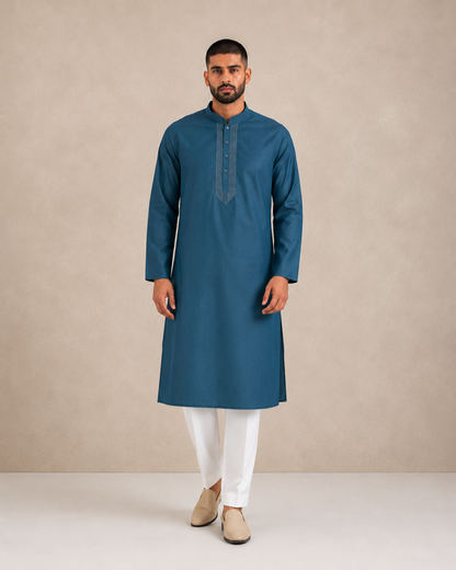 Men’s Deep Teal Blue Linen Kurta Pyjama Set