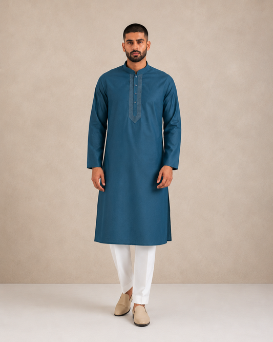 Men’s Deep Teal Blue Linen Kurta Pyjama Set