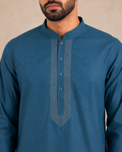 Men’s Deep Teal Blue Linen Kurta Pyjama Set
