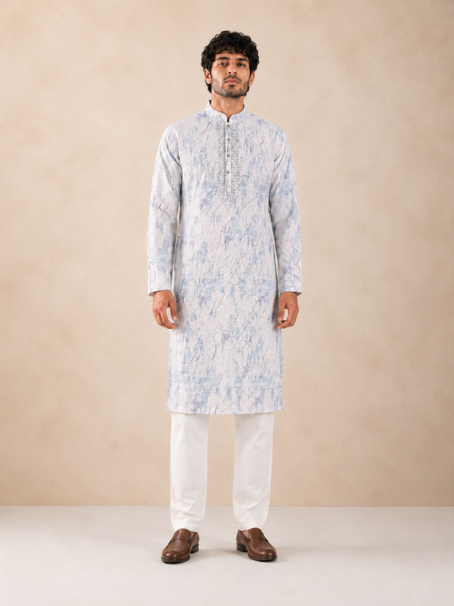 Men's Dusty Blue & White Vintage Crush Classic Kurta Pyjama Set