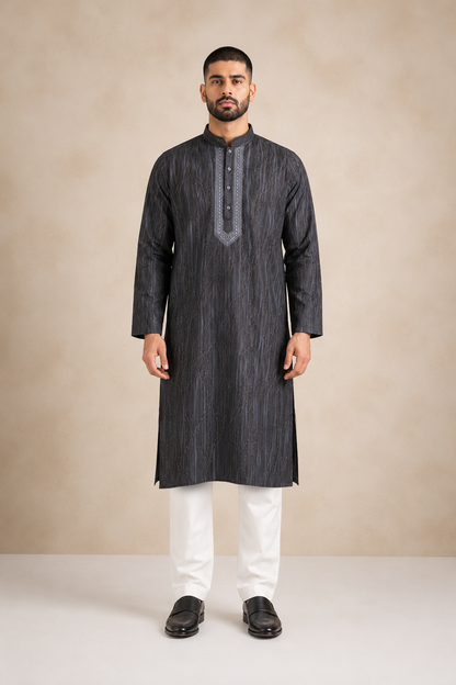 Men's Charcoal Grey Vintage Crush Kurta Pyjama Set