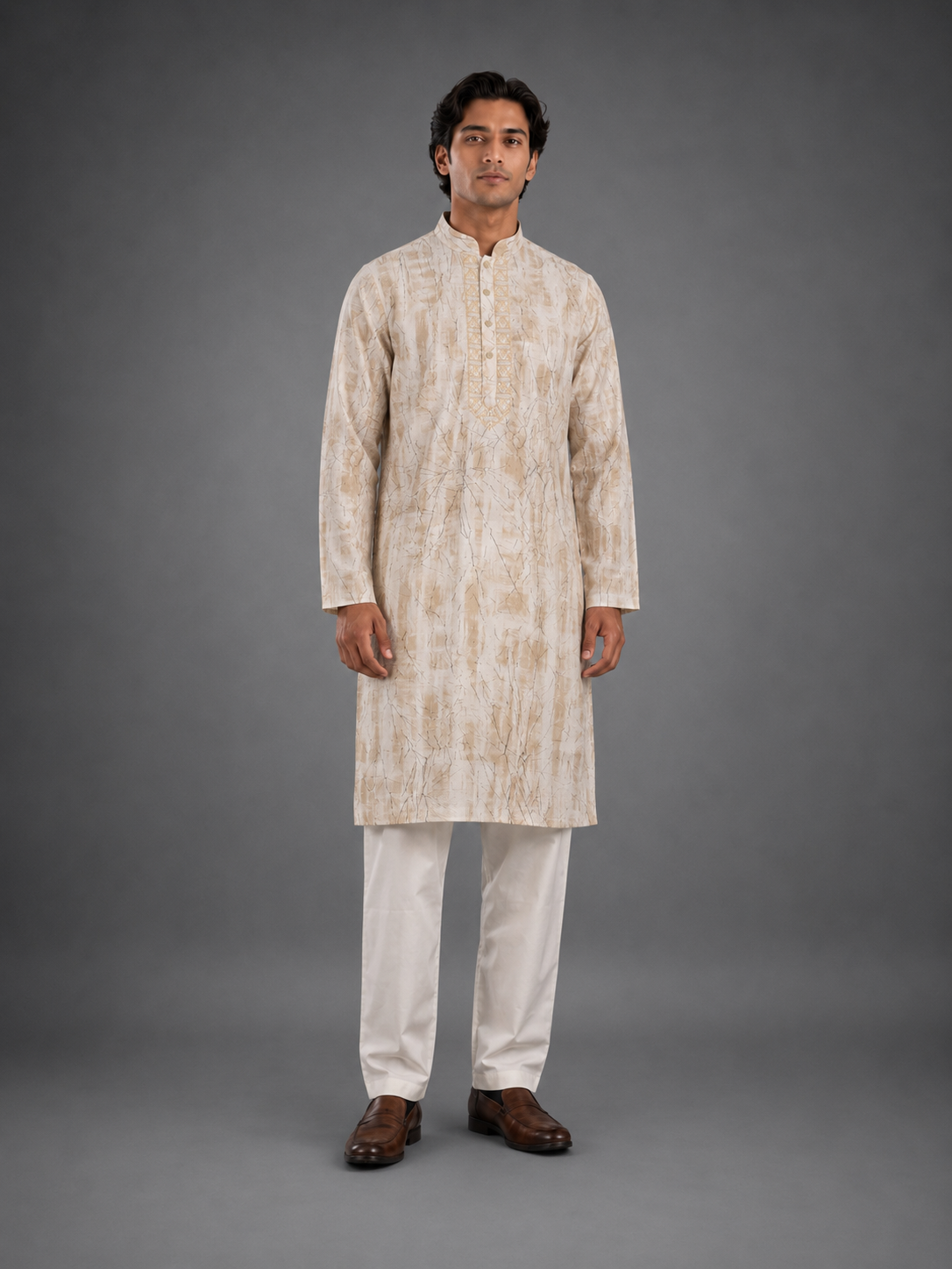 Men's Cream Beige Vintage Crush Classic Kurta Pyjama Set