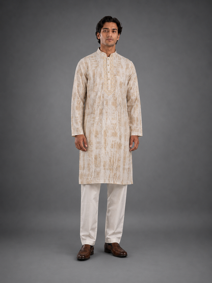 Men's Cream Beige Vintage Crush Classic Kurta Pyjama Set