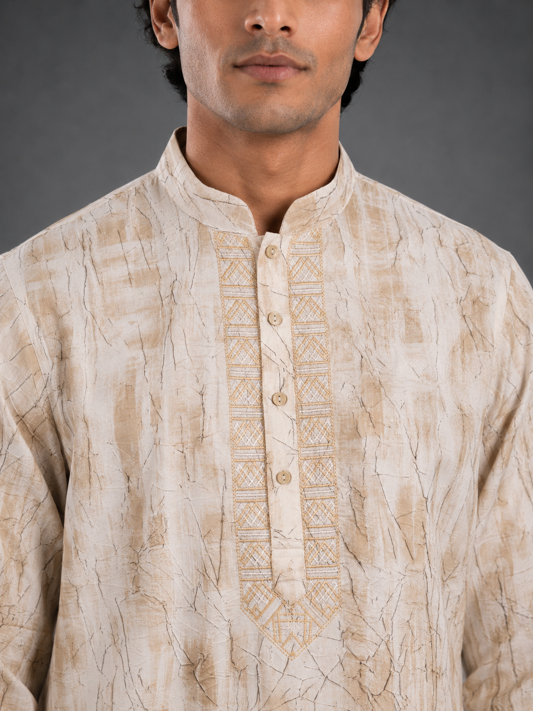 Men's Cream Beige Vintage Crush Classic Kurta Pyjama Set