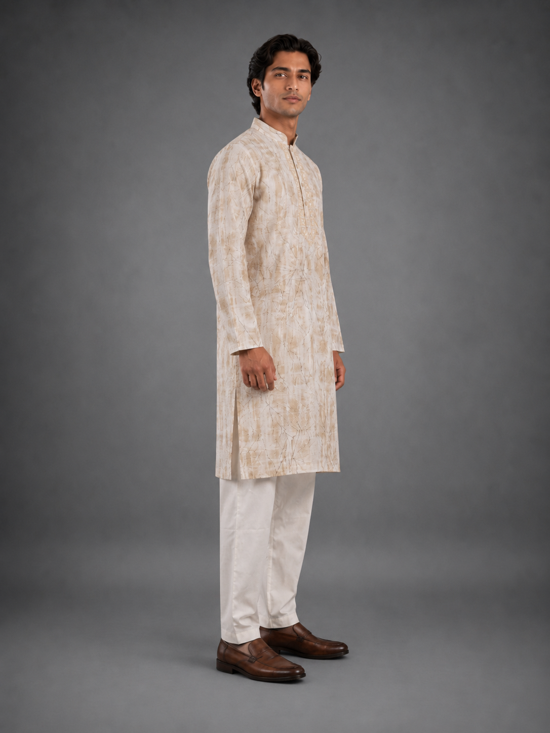 Men's Cream Beige Vintage Crush Classic Kurta Pyjama Set