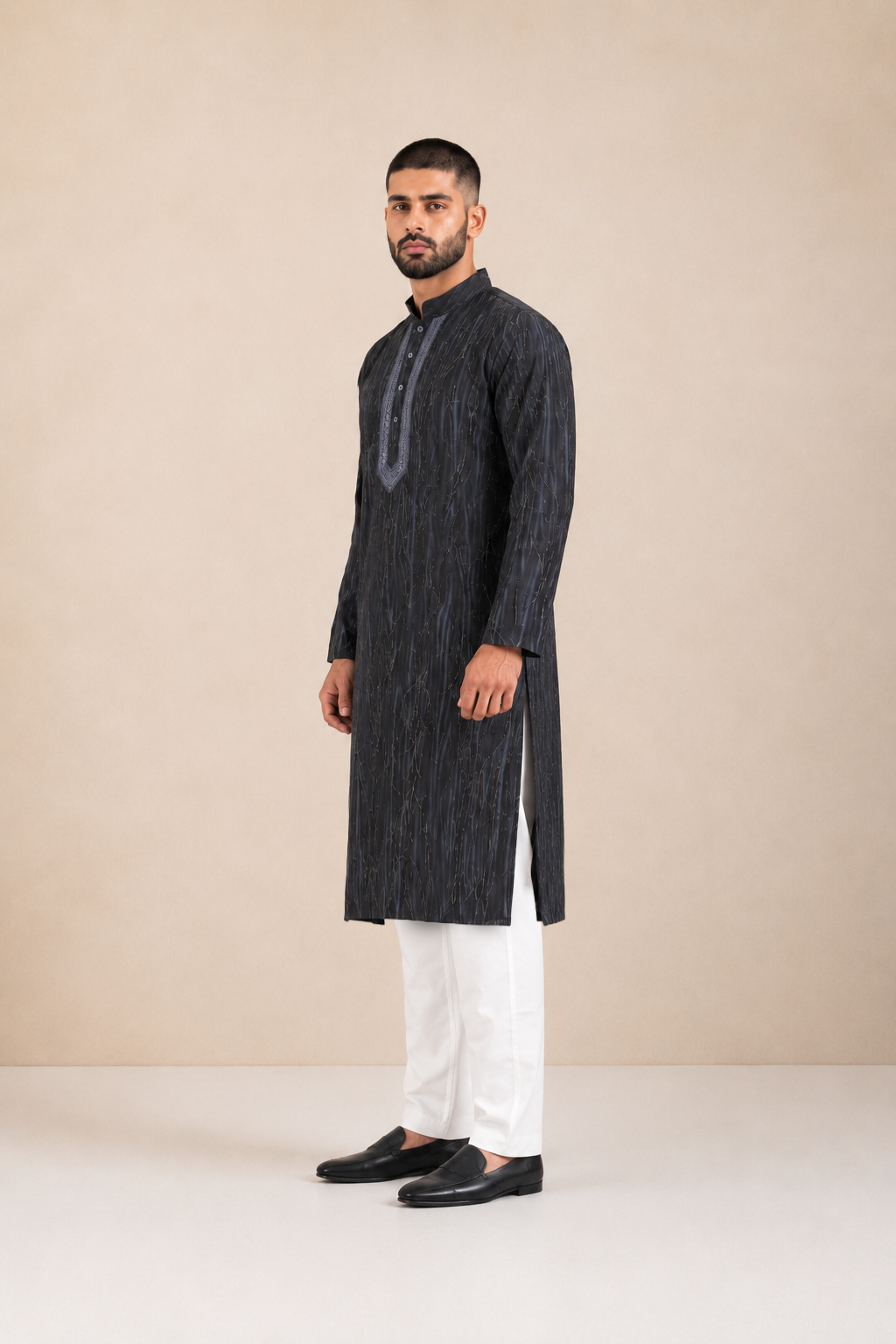 Men's Charcoal Grey Vintage Crush Kurta Pyjama Set