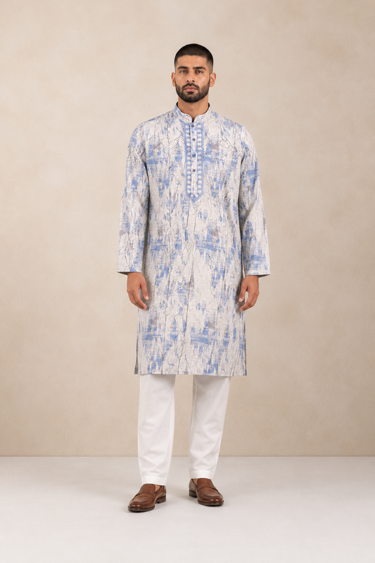 Men's White & Light Blue Vintage Crush Classic Kurta Pyjama Set
