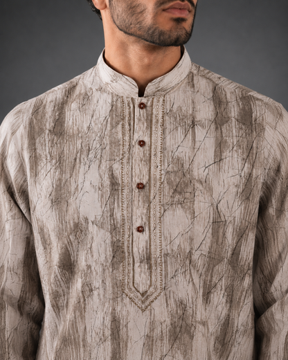 Men's Cream and Brown Vintage Crush Classic Kurta Pyjama Set