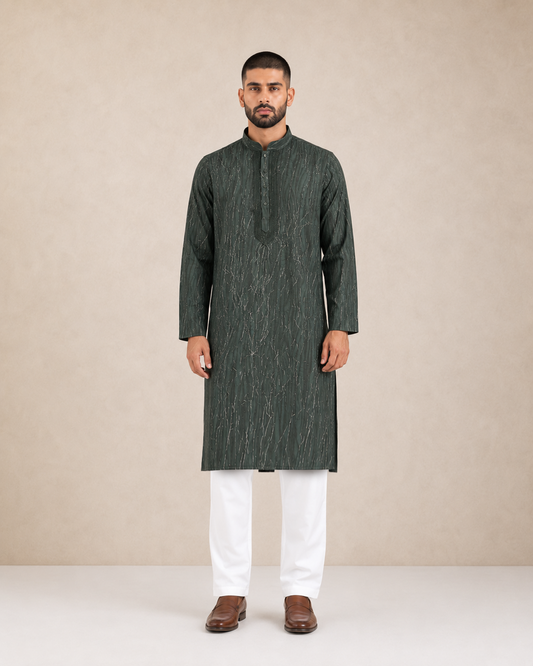 Men's Dark Green Vintage Crush Classic Kurta Pyjama Set