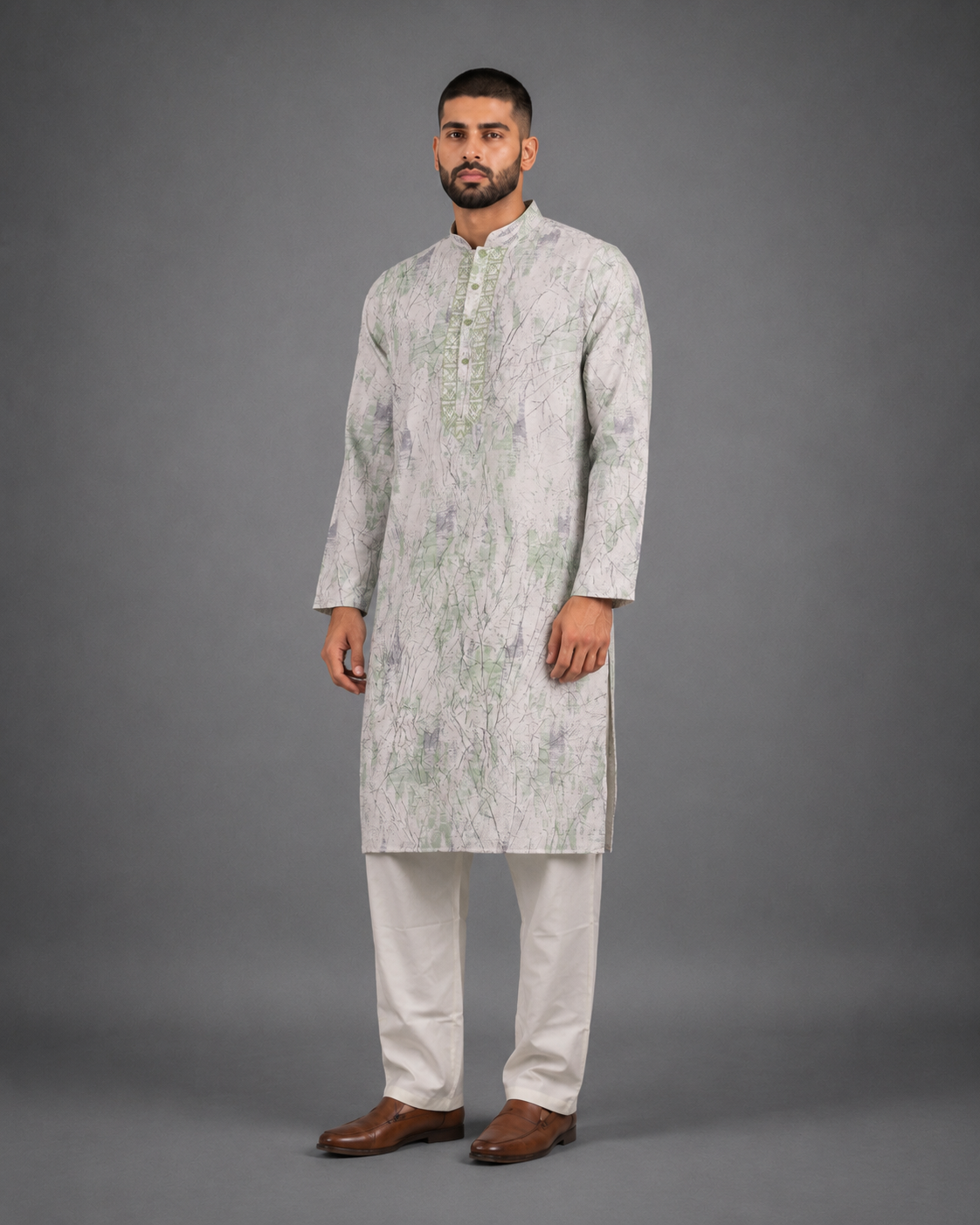 Men's White & Light Green Vintage Crush Classic Kurta Pyjama Set