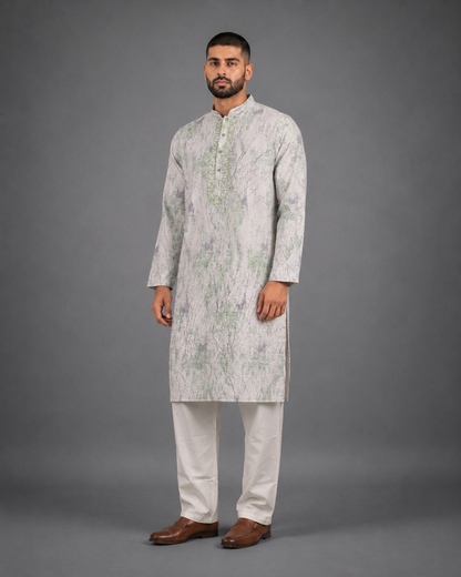 Men's White & Light Green Vintage Crush Classic Kurta Pyjama Set