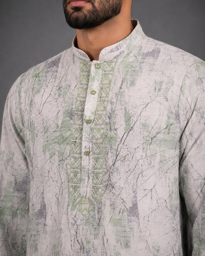 Men's White & Light Green Vintage Crush Classic Kurta Pyjama Set