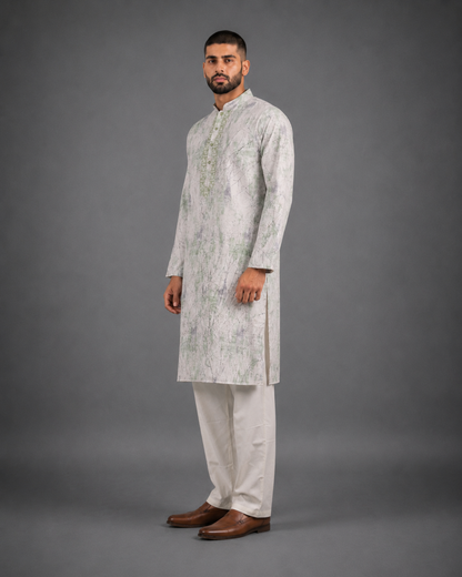 Men's White & Light Green Vintage Crush Classic Kurta Pyjama Set
